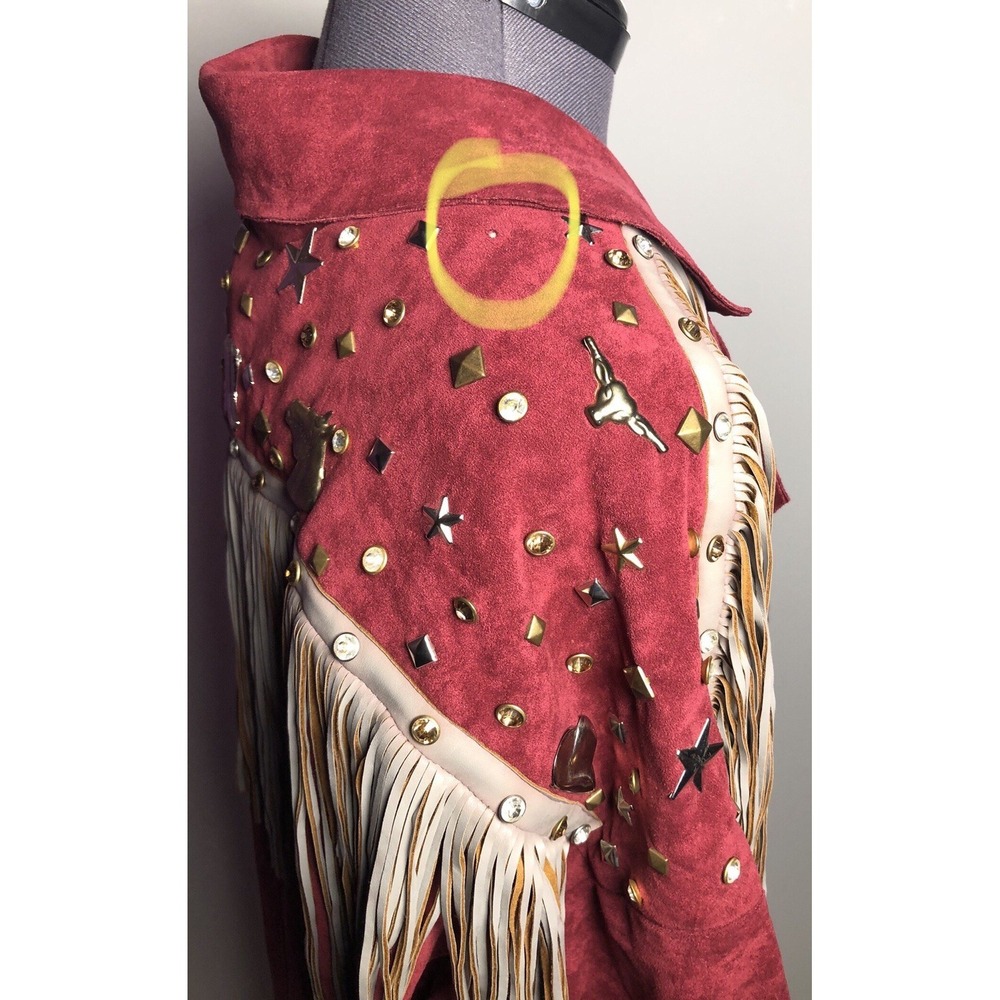 Josefina by Vero Solis Burgundy Fringe Stud Jacket Western Boho M B-58″ DAMAGED - Picture 12 of 16